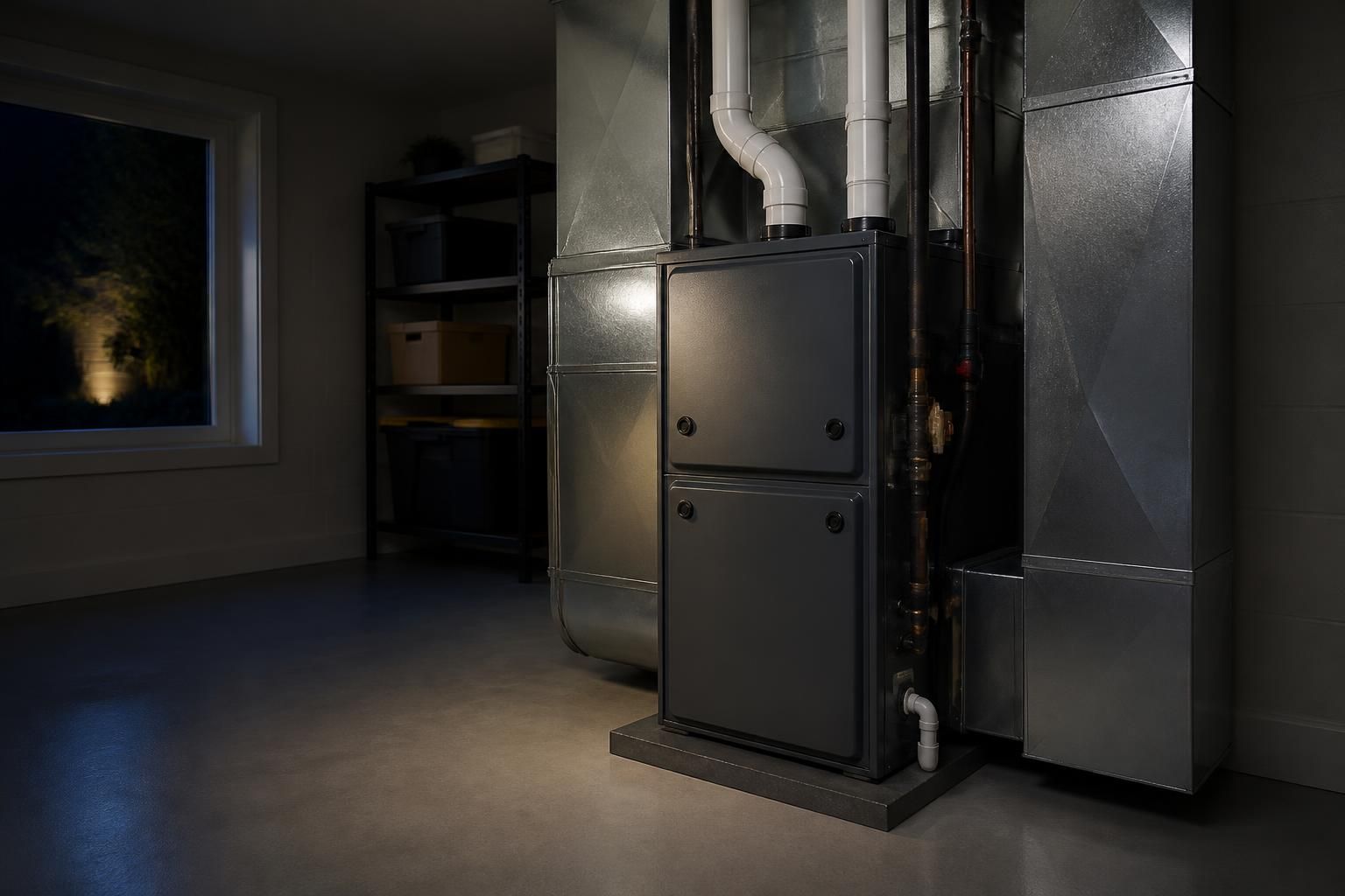 Restored HVAC system in a clean utility room at night