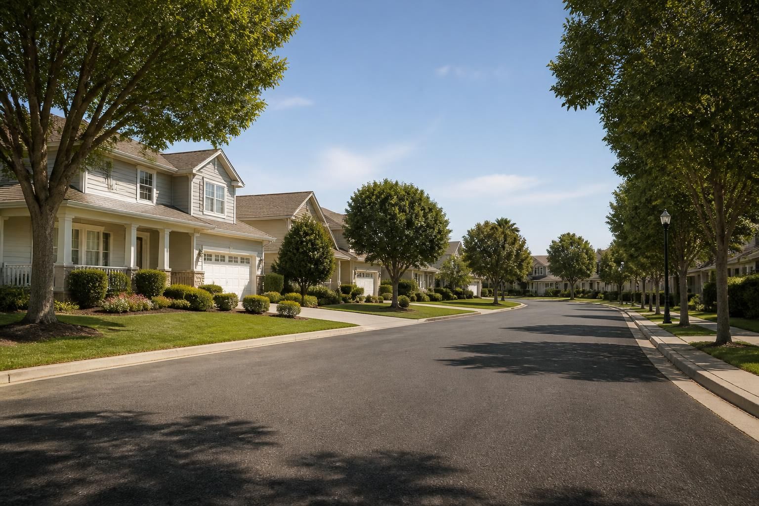 Suburban neighborhood with tidy homes in clear afternoon light
