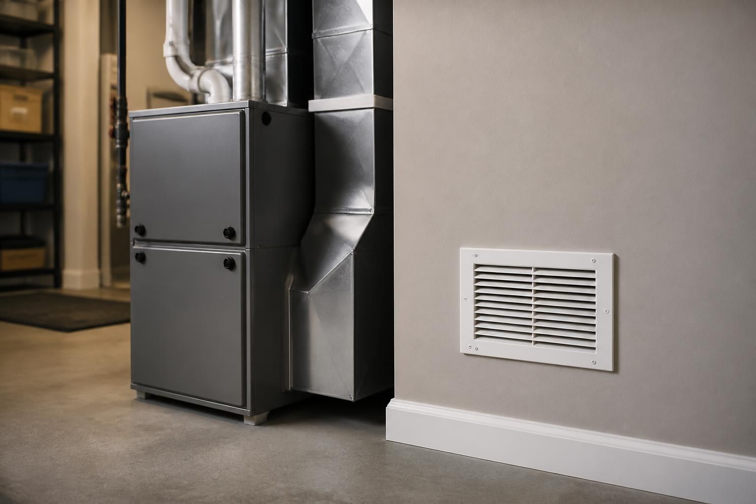 Finished heating system with furnace and wall vent detail