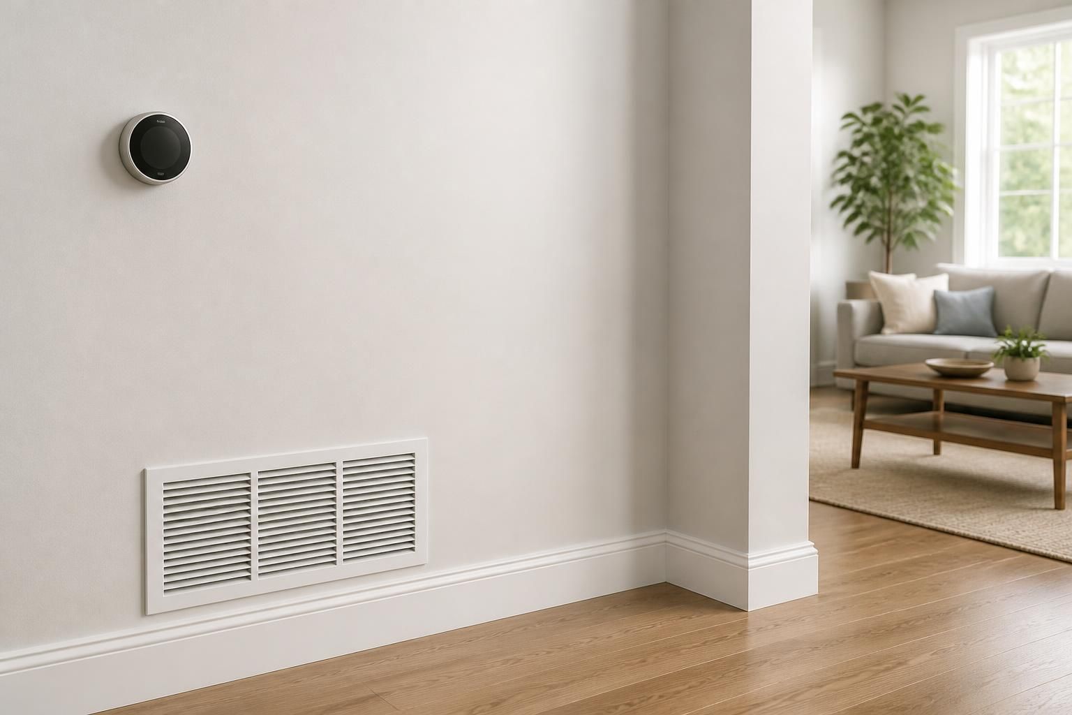 Clean HVAC interior with thermostat and open space for text