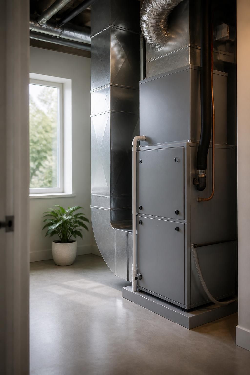 Clean mechanical room with installed air handler and ductwork