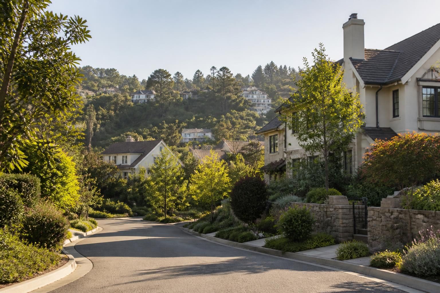 Hillside neighborhood with elegant homes in warm daylight