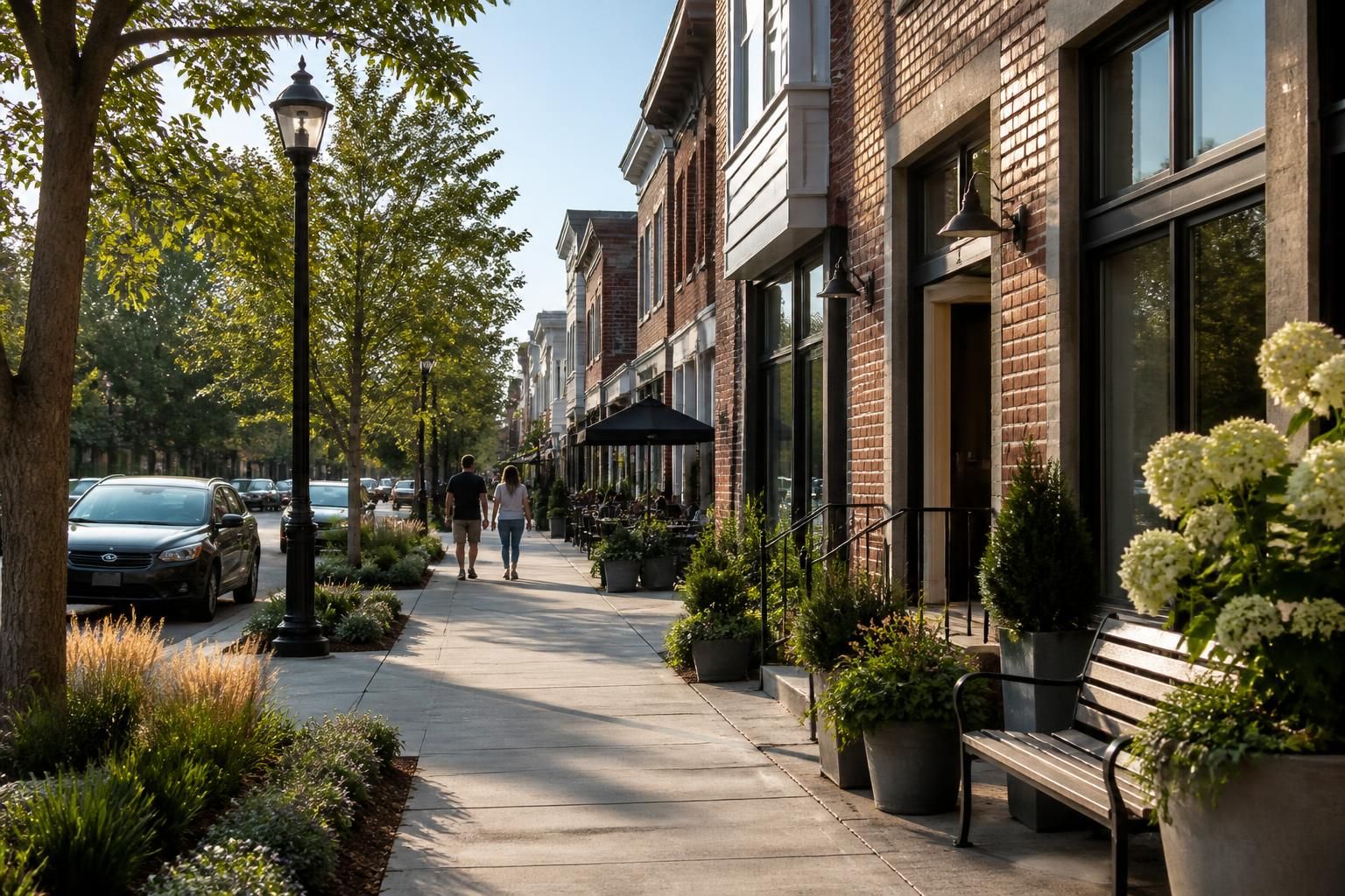 Clean streetscape with homes and light commercial buildings