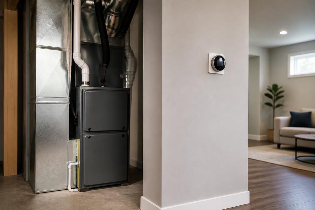 Modern HVAC system with furnace and thermostat in a bright interior