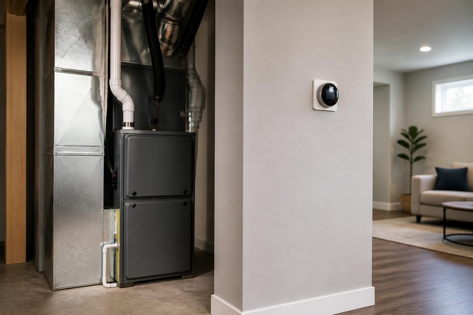 Modern HVAC system with furnace and thermostat in a bright interior