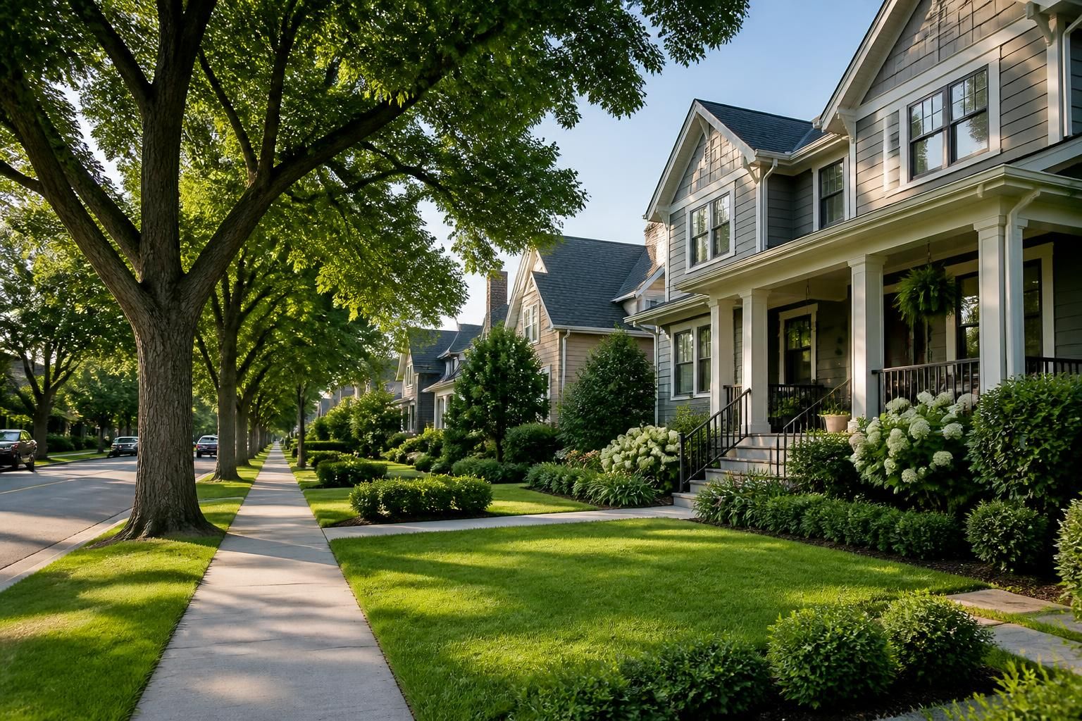 Modern neighborhood with clean streets and mature trees