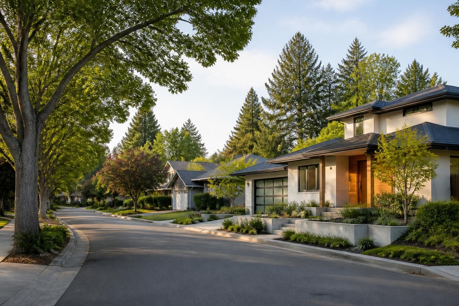 Modern neighborhood street with trees in soft daylight