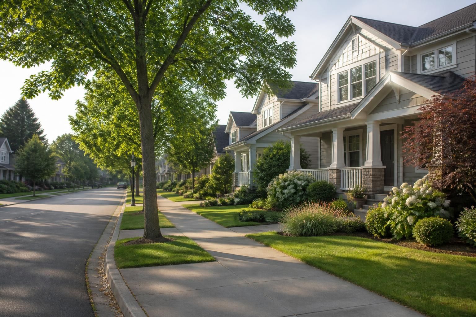 Calm suburban street with tidy homes in soft daylight