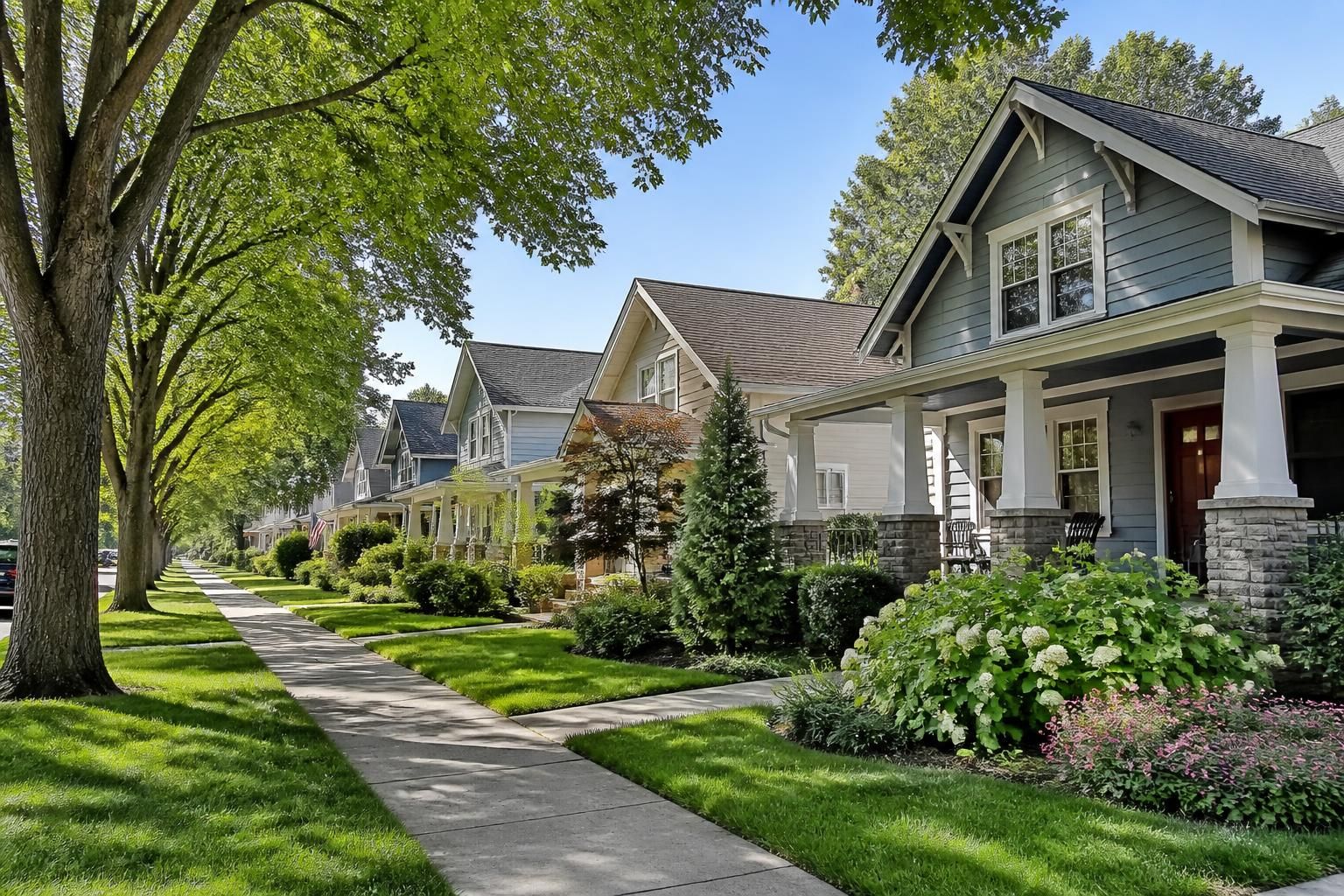 Tree-lined neighborhood with bright homes and clear skies