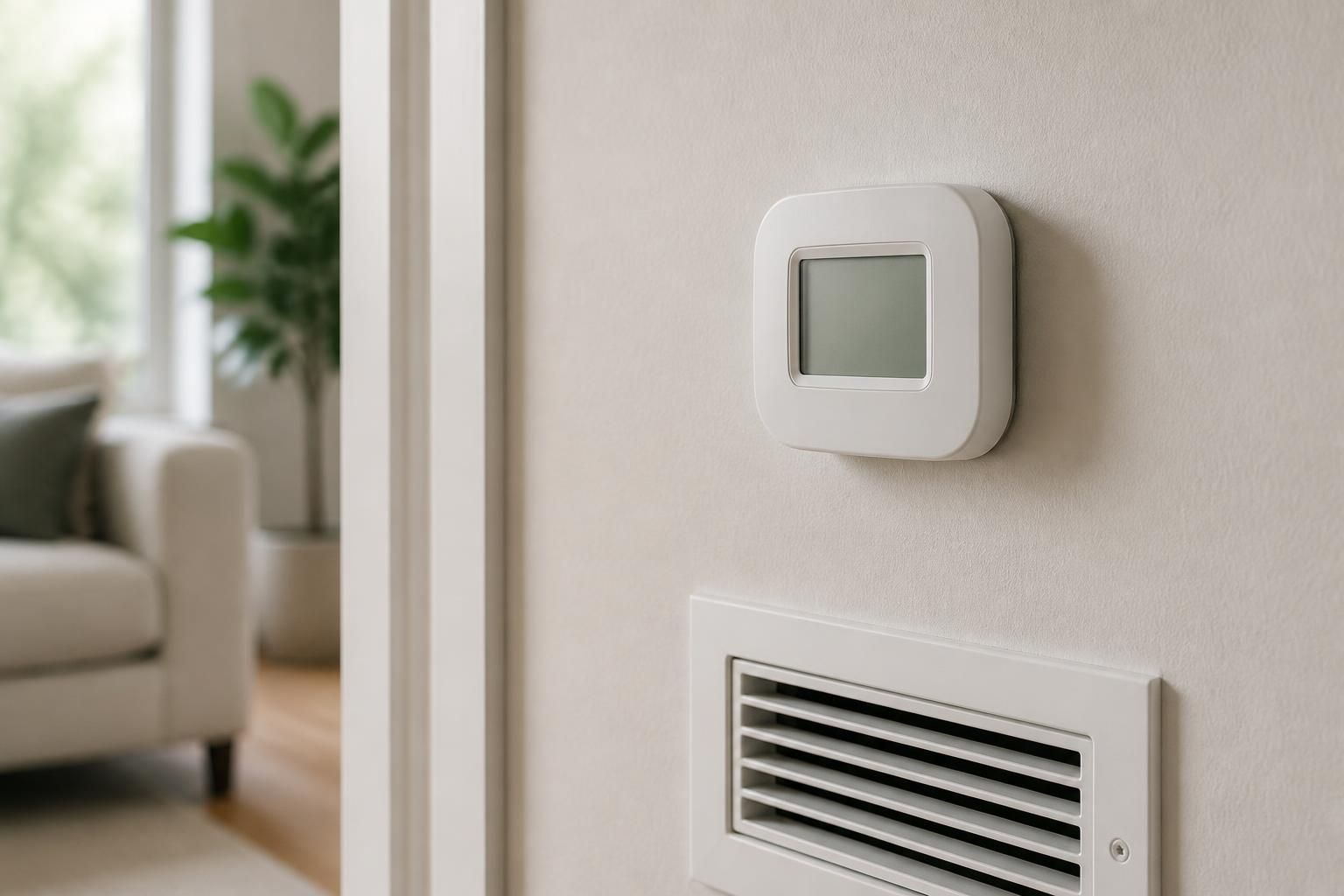 Close-up of a thermostat on a finished wall near an air vent